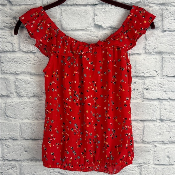Sienna Sky Red Floral Elastic Ruched Waist Short Sleeve Blouse Top Sz XS - Picture 6 of 6